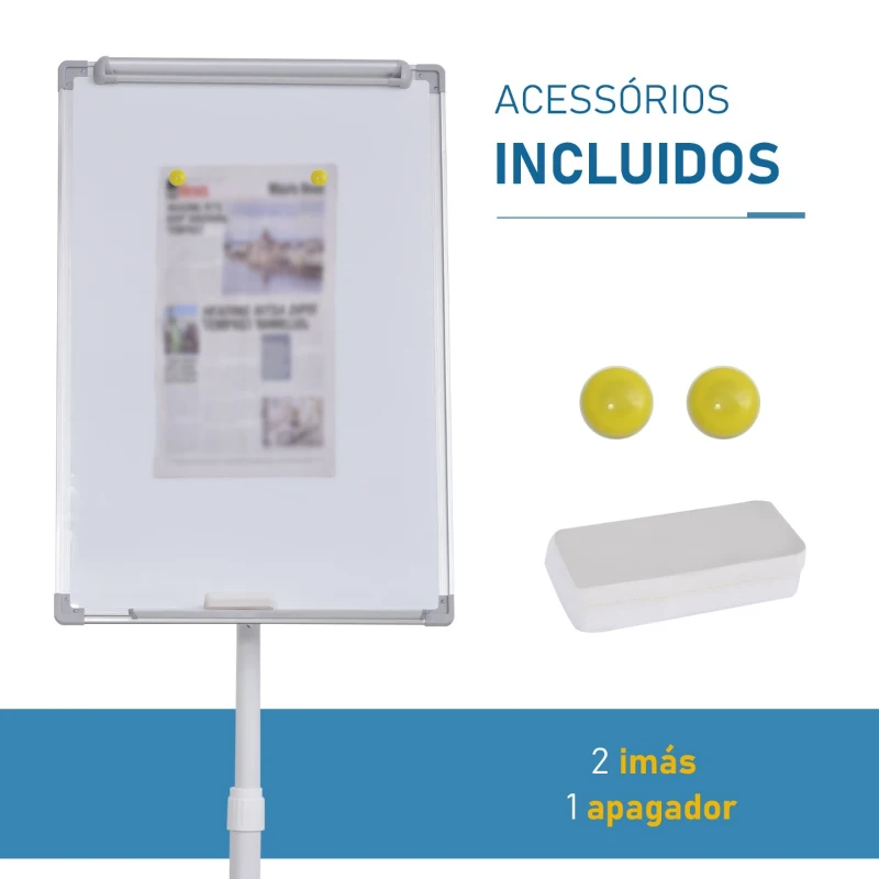 Vinsetto Quadro flip chart Magnético com cavalete Placa magnética  Altura Ajustável Giratória 360° com Bandeja 5 Rodas e Freios Suporte de Metal 62x60x162-194 cm Branco