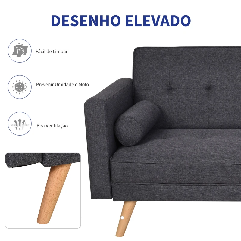 HOMCOM Sofá- cama 3 lugares com apoio de braços Pernas levantadas 187x90x86.5 Cinza
