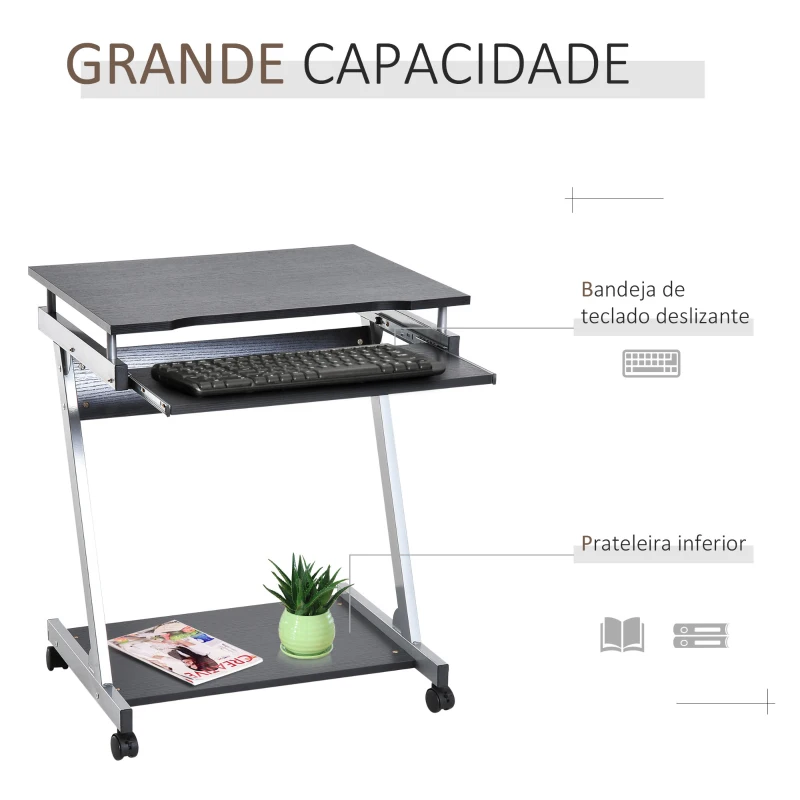 HOMCOM Mesa para Computador Secretária para Computador para Casa Escritório em Forma de Z Mesa Compacta com Rodinhas 60x48x73 cm Cor: Preto