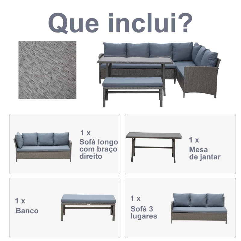 Outsunny Conjunto de 4 Peças de Móveis e Vime com Almofadas Acolchoadas com 2 Sofás 1 Banco e 1 Mesa de Vidro Temperado Cinza