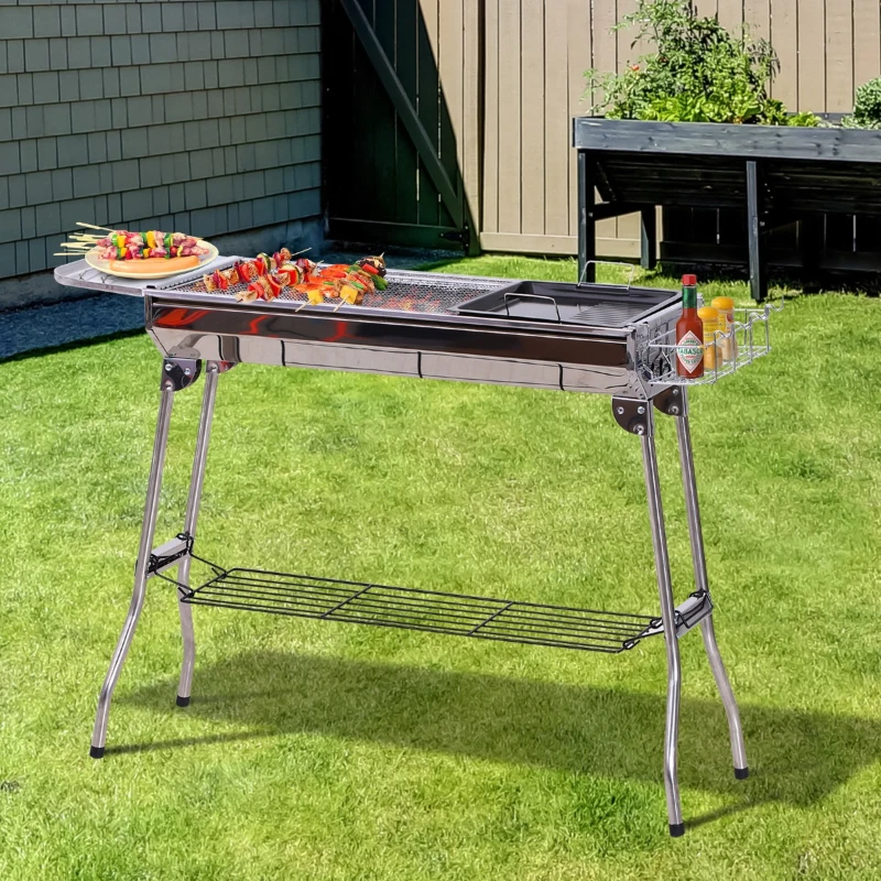 Outsunny Barbecue a Carvão Portátil Dobrável com Prateleiras de Armazenamento para Jardim Exterior Campismo 104x33x70 cm Prata