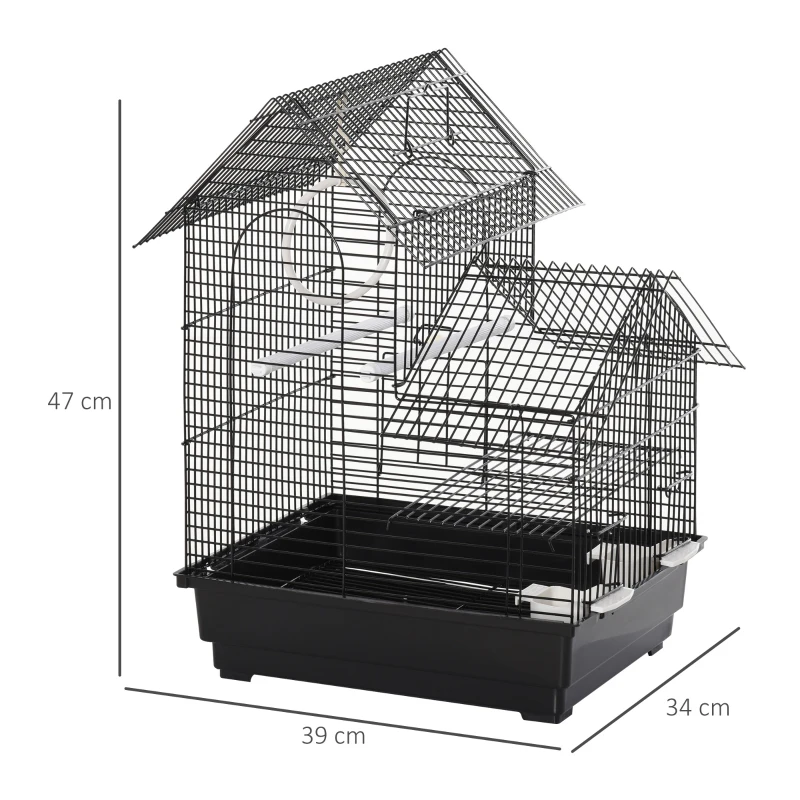 PawHut Gaiola metálica para pássaros com alimentadores ganchos giratórios e bandeja removível  39x34x47 cm Preto