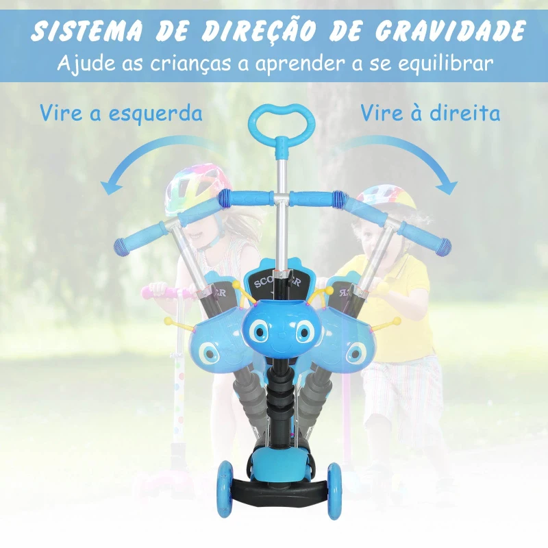 HOMCOM trotinete 5 em 1 para crianças de acima de1 ano trotinete de 3 rodas com assento removível guiador ajustável 62x25x72,5 cm Azul