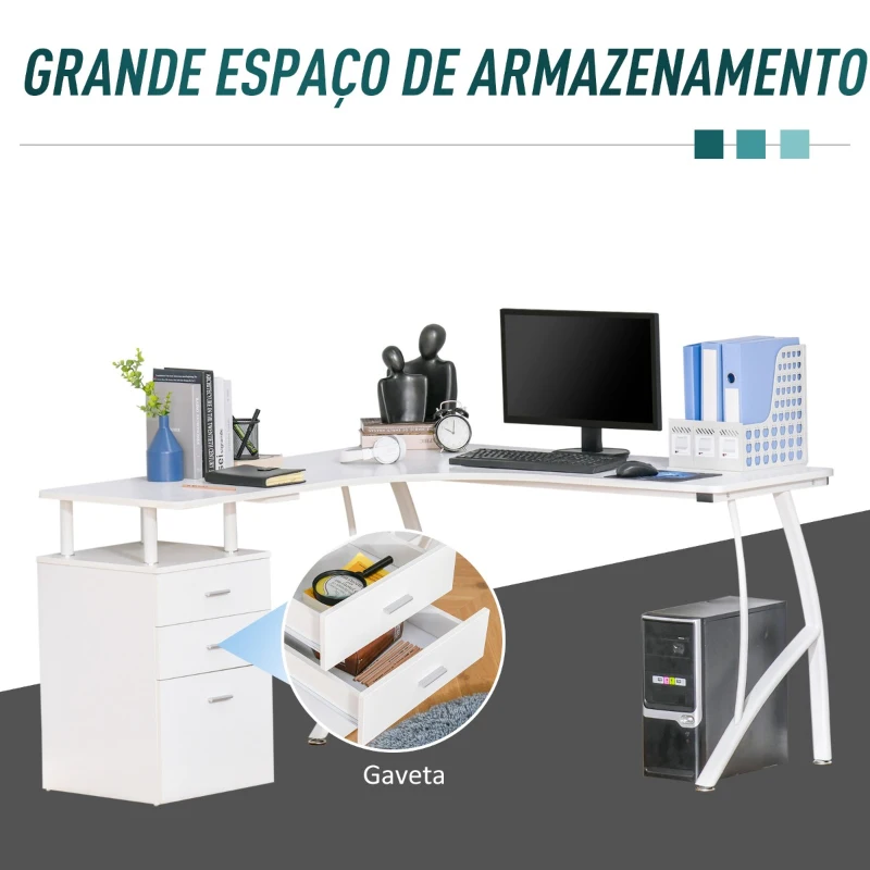 HOMCOM Secretária de Canto para Computador Secretária em Forma de L com 3 Gavetas Moderna para Escritório 143,5x143,5x76cm Branco