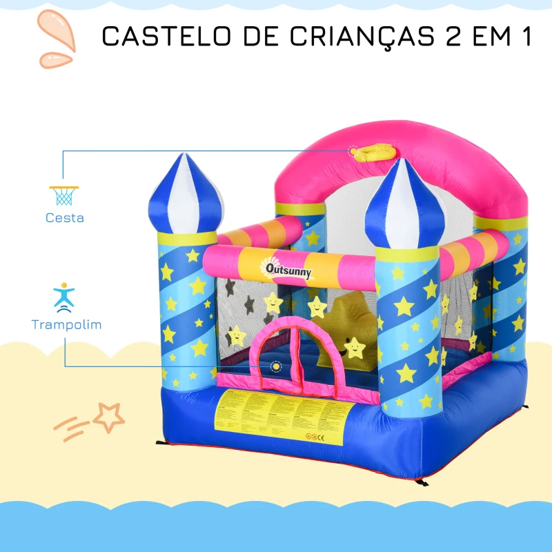 Outsunny Castelo inflável para crianças de Estrelas  com cama de salto Cesta Inflador e bolsa para interior e exterior 195x195x215 cm Multicolor