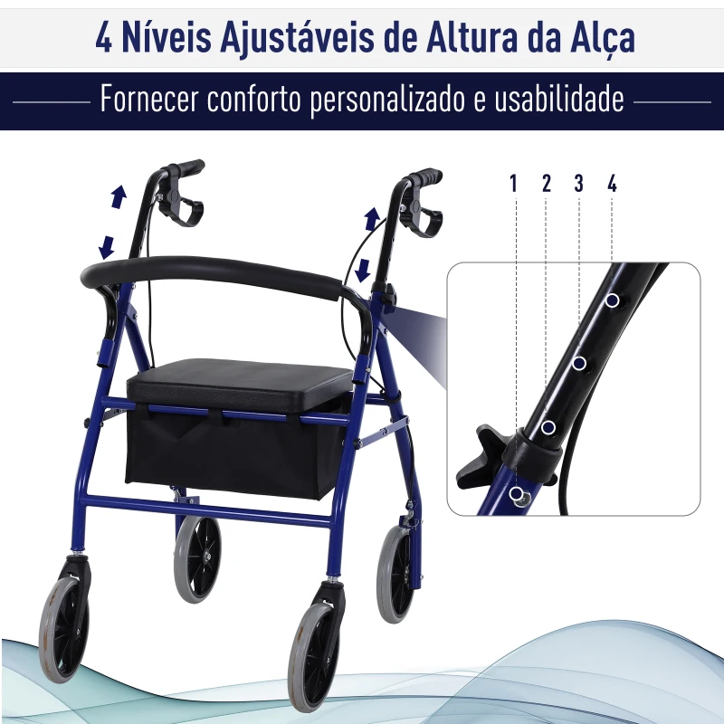 HOMCOM Andador para Adultos Dobrável com Armazenamento Assento e Travão 65x53x79-89cm Azul e Preto