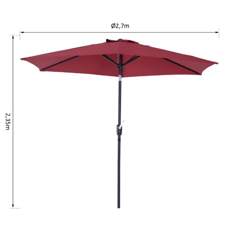 Outsunny Chapéu de Sol de Jardim Ø270x235cm Chapéu de Sol de Alumínio Reclinável com Manivela e 6 Hastes para Terraço Exterior Balcão Vermelho Escuro