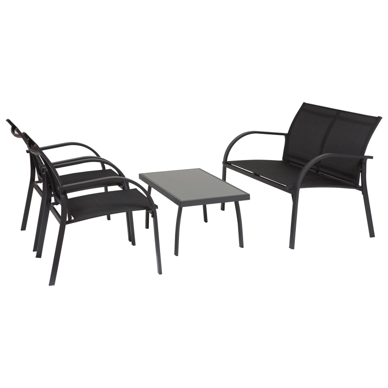 Outsunny Conjunto de móveis de jardim para interior e exterior em aço e vidro Quatro peças: 1 mesa, 2 poltronas e 1 sofá 65x110x78cm Preto