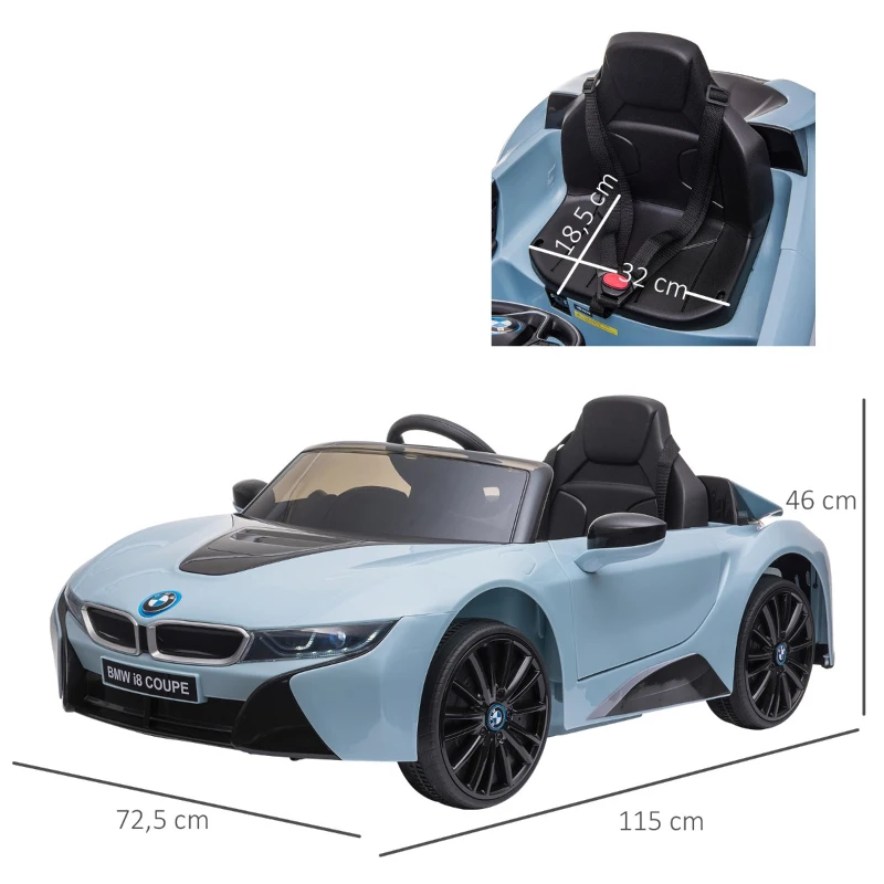 HOMCOM Carro Elétrico BMW I8 COUPE para Crianças com Bateria 6V Controlo Remoto e Manual Música MP3 e Faróis 115x72,5x46 cm Azul