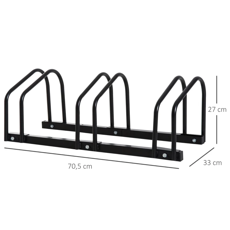HOMCOM Estacionamento para 3 Bicicletas Suporte de Aço para Estacionar Bicicletas no chão para Interior e Exterior 70,5x33x27cm Preto