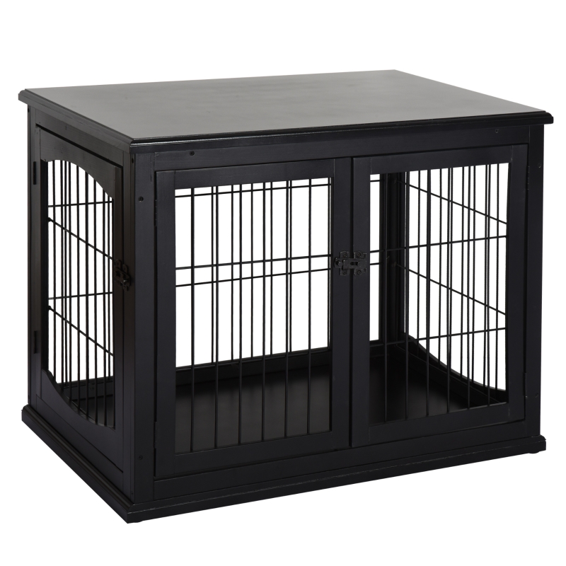 PawHut Gaiola para Cães Grande de Madeira com Superfície de Mesa 2 Portas e Grades de Metal 58,5x81x66cm Preto