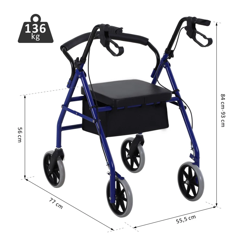 HOMCOM Andador para Adultos Dobrável com Armazenamento Assento e Travão 65x53x79-89cm Azul e Preto