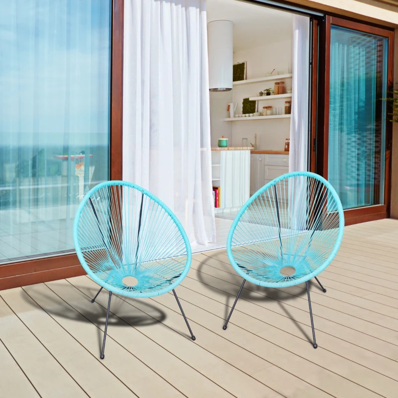 Outsunny Conjunto de 2 Cadeiras de Jardim Acapulco de Vime Forma Oval com Encosto Alto para Interior Exterior 73x77x87 cm Turquesa