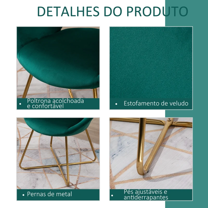 HOMCOM Cadeira estofada vintage de veludo macio para sala de estar com encosto curvado e pernas douradas 68x54x84 cm Verde
