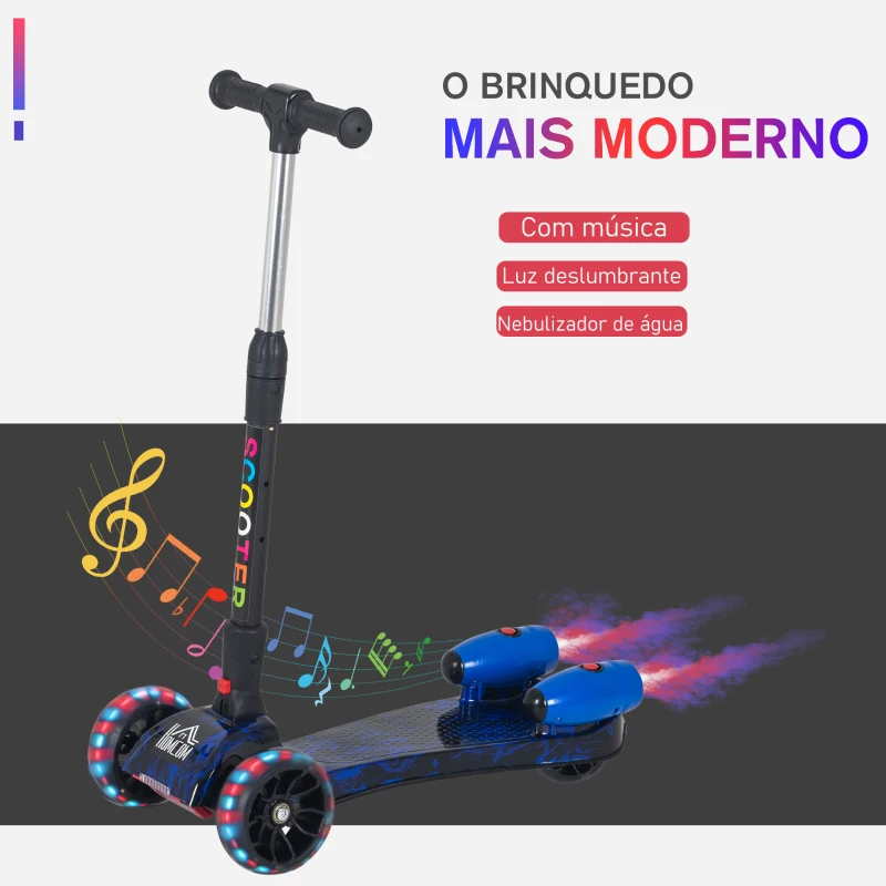 HOMCOM Trotinete dobrável para crianças acima de 3 anos altura ajustável em 4 níveis  luzes musica e Nevoeiro de água  61x26x63-81 cm Azul