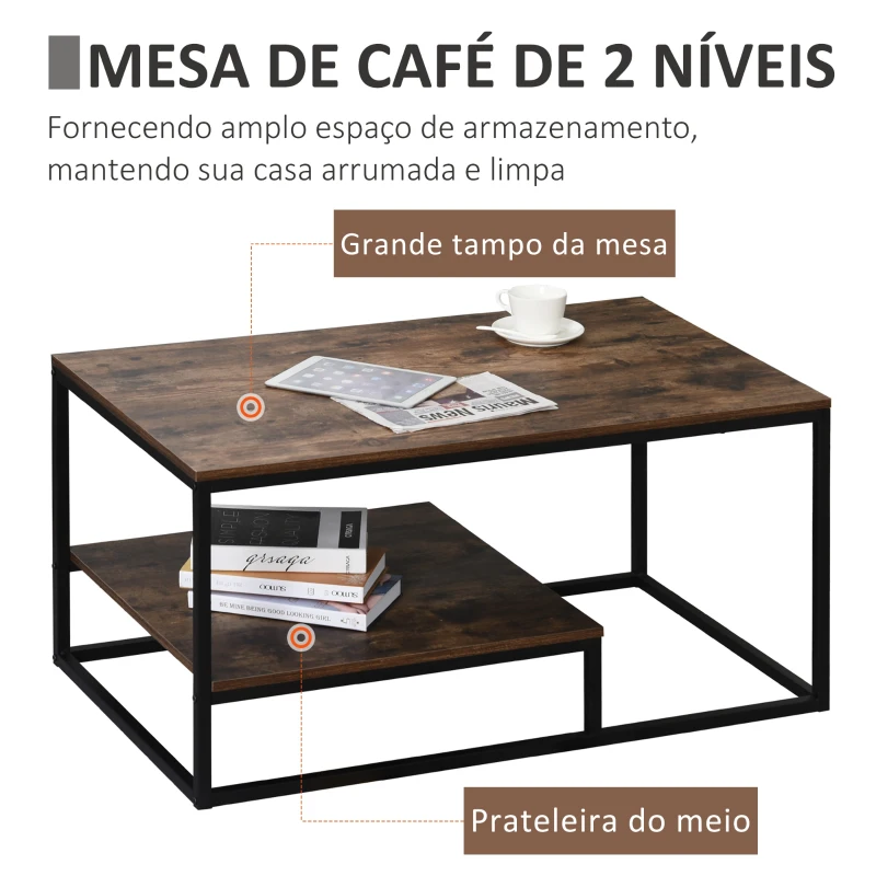 HOMCOM Mesa de Centro Industrial Mesa de Café Desenho Retrô com Prateleira Inferior Base de Metal 100x60x50cm Madeira