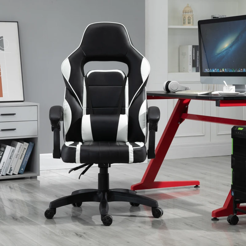 Vinsetto Cadeira gaming para escritório giratório reclinável até 135 ° com encosto alto Apoio de braço ajustável Assento acolchoado 64x69x119-129 cm Branco e Preto