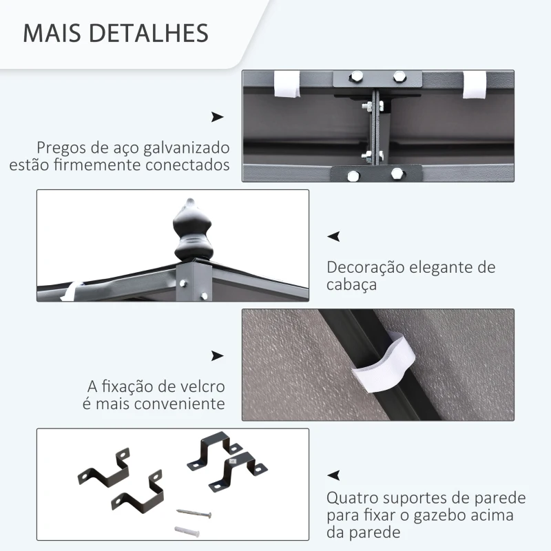 Outsunny Pergola de jardim 2,97x2,97 m com Toldo e 4 Furos de Drenagem Metal e Poliester 180 g / m² Resistente para pátio jardim Cinza