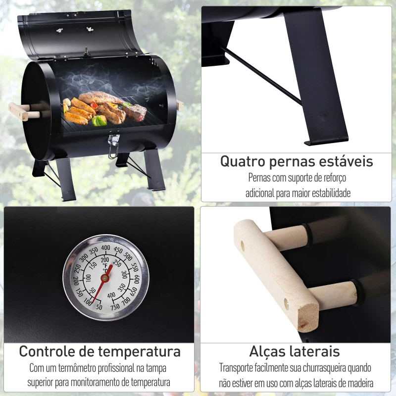 Outsunny Barbecue a Carvão de Mesa Compacta com Termômetro e Alças para Jardim Exterior Campismo 50x35x39 cm Preto