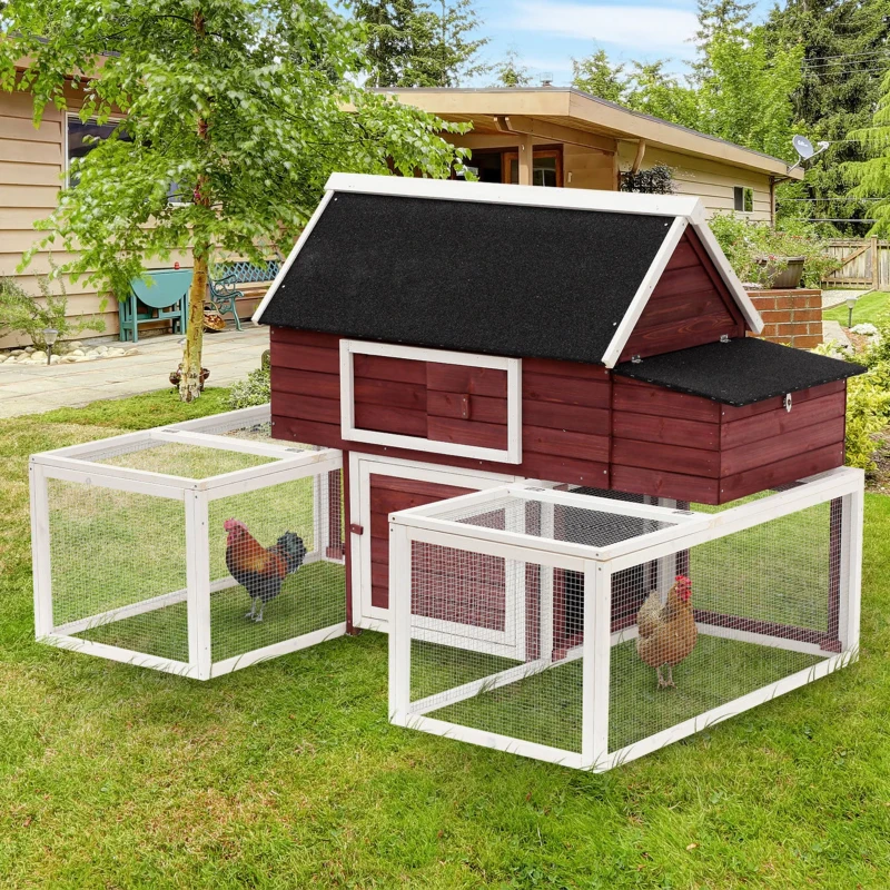 PawHut Galinheiro externo de madeira com 2 gabinetes para execução rampa e ninho com telhado de asfalto 290x71x119 cm Vermelho