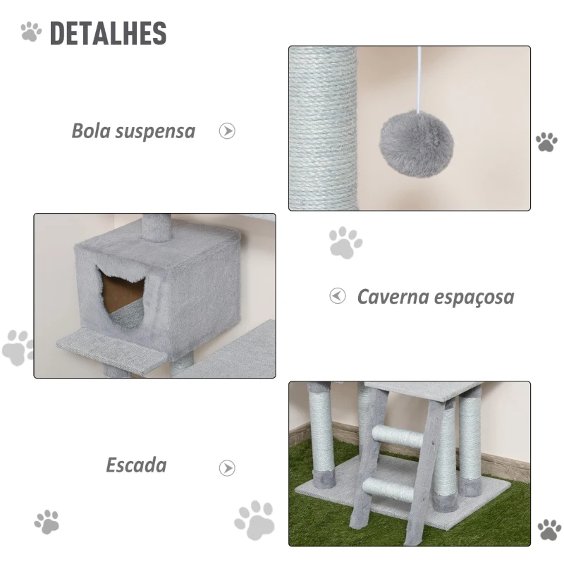 PawHut Árvore Arranhadora para Gatos Torre de Escalada com Plataformas Escada Caverna Postes de Juta e Bola Suspensa 60,5x40x124cm Cinza