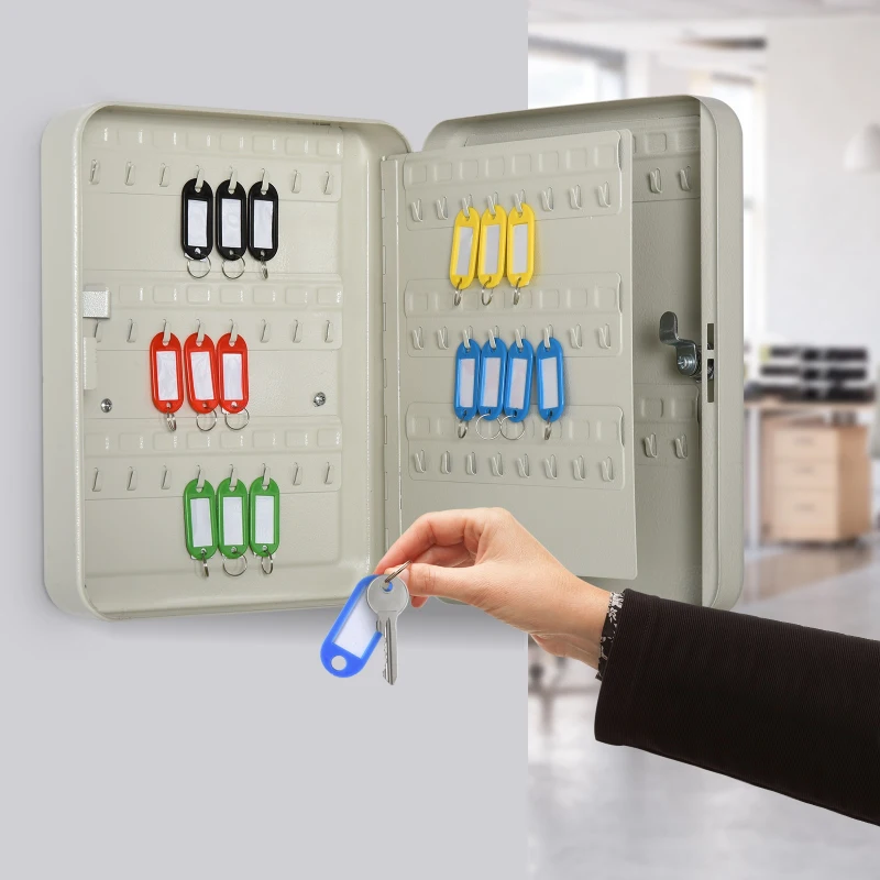 HOMCOM Armário de Chaves com 93 Ganchos e Etiquetas Fechadura e 2 Chaves 30x24x7,5 cm Cinza