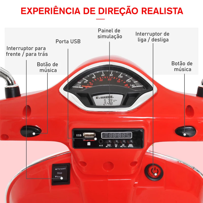 HOMCOM Mota Elétrica para Crianças com Licença Vespa com Música Velocidade 2-3 km/h e Buzina 102x50,5x75,5 cm Vermelha