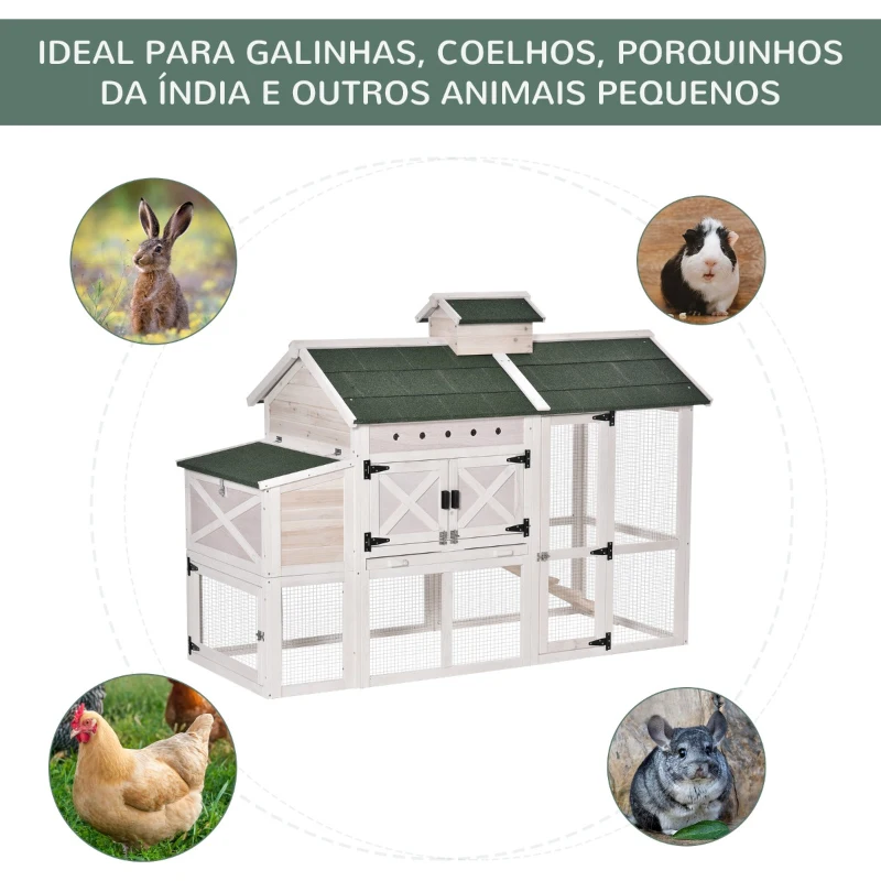 PawHut Galinheiro Exterior de Madeira de Abeto com Zona Aberta Chocadeira Bandeja Removível e Teto Dobrável 180x80,5x130cm Branco e Verde