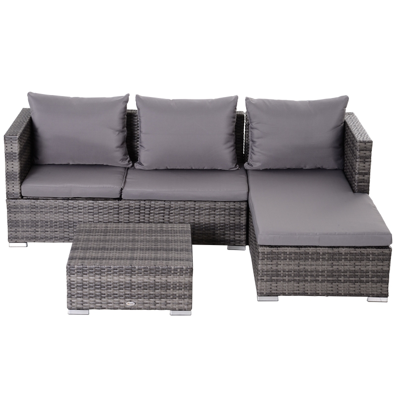 Outsunny Conjunto de sofá de vime de 3 peças com chaise longue e mesa de centro Encosto ajustável em altura amplo espaço de armazenamento cinza