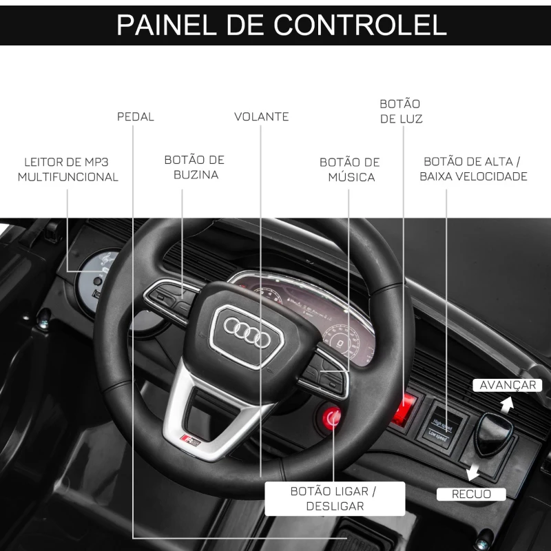HOMCOM Carro Elétrico Infantil para Crianças de 3-5 Anos Licença Audi RS Q8 com Bateria 6V Controle a Distância Música MP3 Buzina e Luzes Velocidade Máx. 3km/h 101x62x51cm Preto