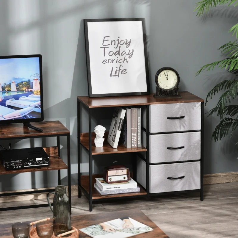 HOMCOM Cómoda de Estilo Industrial com Cestos de Tela Dobráveis e 2 Prateleiras para Dormitório Sala de Estar Corredor 80x29x71cm Nogueira e Cinza Claro