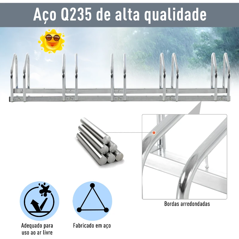 HOMCOM Estacionamento para 5 Bicicletas Suporte de Aço para Estacionar Bicicletas no Chão para Interior e Exterior 130x33x27cm Prata