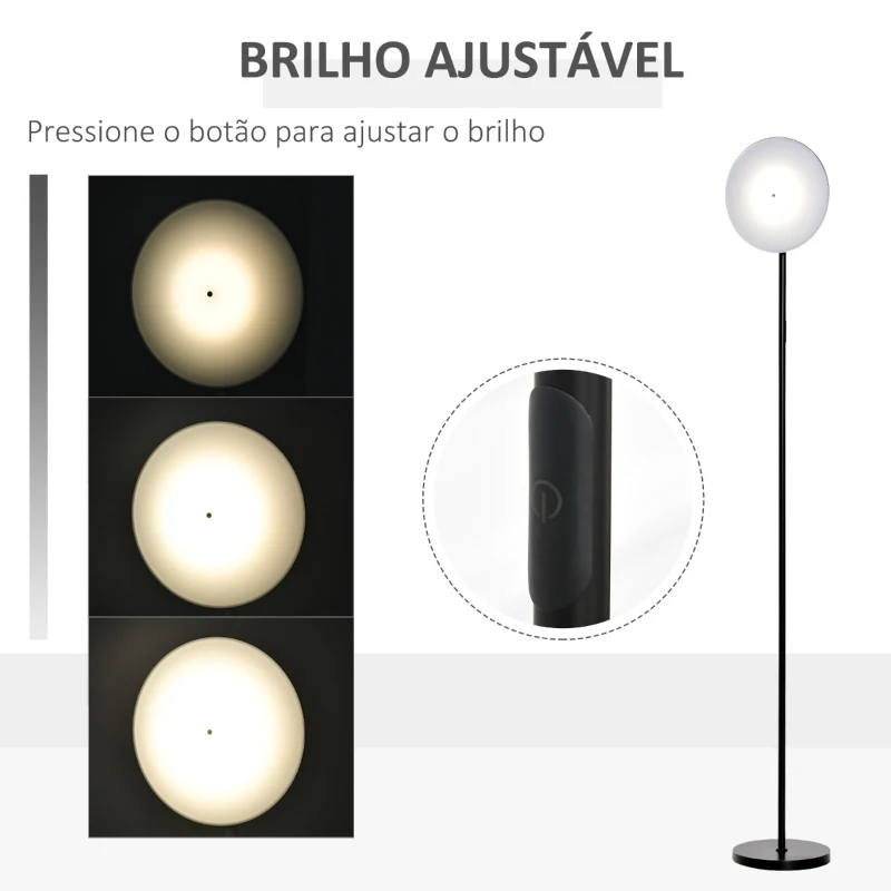 HOMCOM Candeeiro de Pé LED 18W/1800 lm com 3 Brilhos Ajustáveis Ecrã Giratório e Base de Metal Candeeiro de Leitura Moderno para Sala de Estar Dormitório Ø28x171,5cm Preto