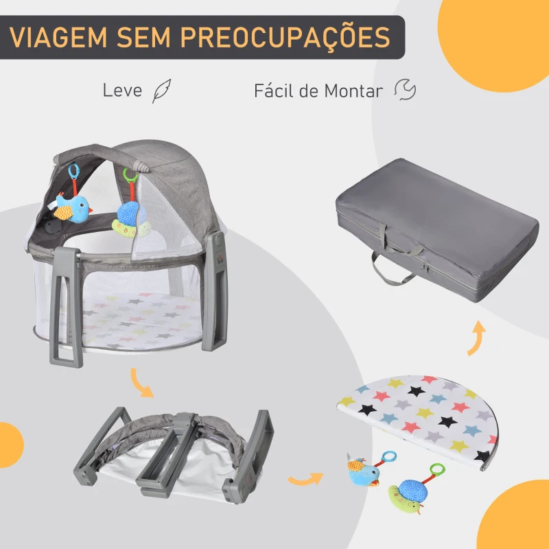 HOMCOM Berço dobrável e portátil para viagem com bolsa de transporte coberta removivel  carga 15 kg 70x74x78 cm cinza