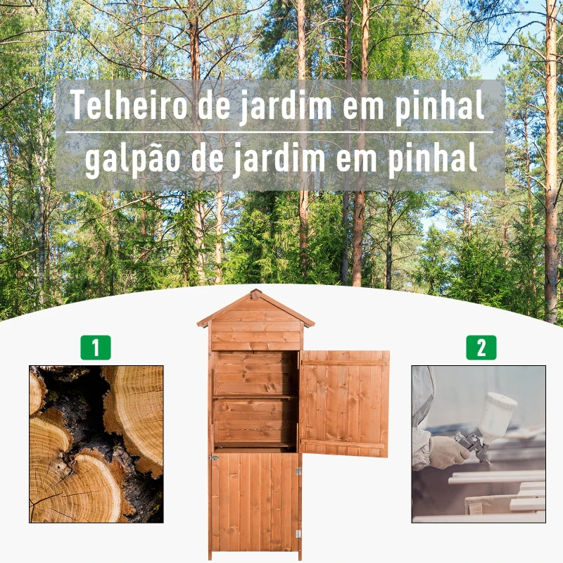 Outsunny Armário de Jardim de Madeira 79x49x190 cm 0,288 m² Abrigo de Armazenamento de Ferramentas com Teto Asfáltico 3 Prateleiras e 2 Portas com Fechadura para Exterior Terraço Madeira