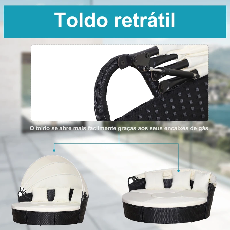 Outsunny Conjunto Exterior 2 em 1 Cama redonda com toldo e poltronas conversíveis Toldo Redondo com Cama e Poltronas Conversíveis 180x175x147cm