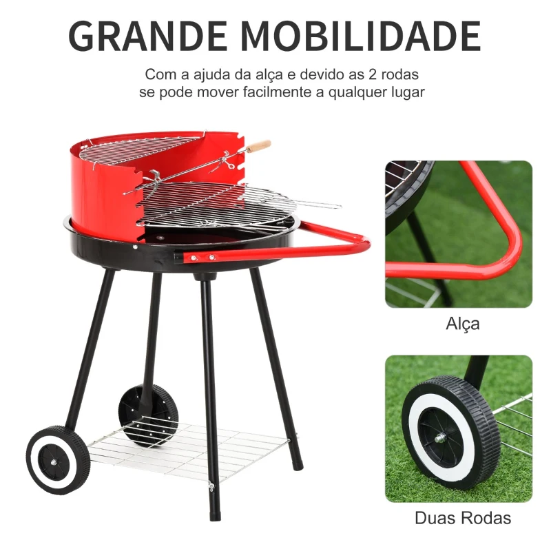 Outsunny Barbecue a Carvão com Rodas Grelha com Altura Ajustável e Prateleira de Armazenamento 51x70x75,5 cm Preto e Vermelho