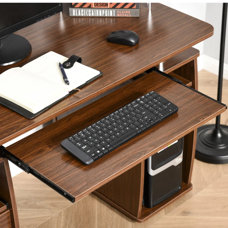 HOMCOM Secretária para computador com prateleiras múltiplas Bandeja para teclado Suporte para CPU e 2 gavetas 120x55x85 cm Marrom