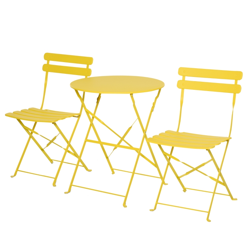 Outsunny Conjunto de móveis de jardim dobrável de 3 peças Mesa de metal e 2 cadeiras Ø60x71 cm amarelo