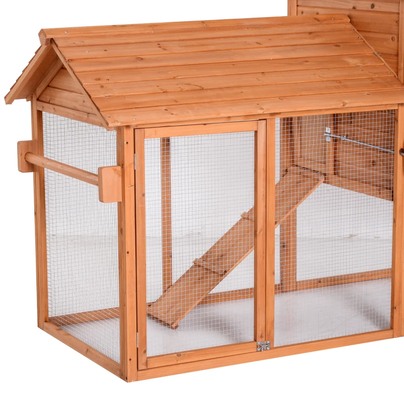 PawHut Galinheiro de Madeira Exterior Gaiola para Galinhas Animais Pequenos com Teto Abatível Caixa Ninho Bandeja Rampa 2 Rodas e 2 Poleiros 213x91x122 cm Madeira