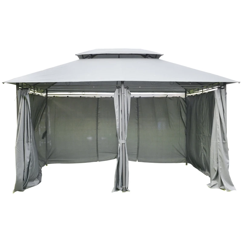 Outsunny Pérgola de Jardim com Estrutura de Aço Teto Duplo 6 Cortinas Laterais 8 Orifícios de Drenagem 300x400x280 cm Cinza