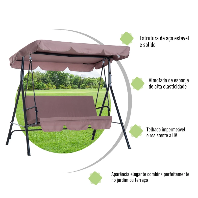 Outsunny Baloiço de Jardim de 3 Lugares Baloiço com Teto Ajustável em Ângulo para Terraço Balcão Carga Máxima 200kg Aço 172x110x153cm Marrom