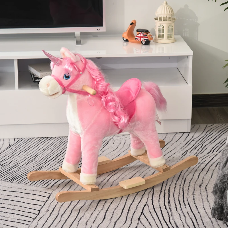 HOMCOM Cavalo Balanço de unicórnio para bebê acima de 36 meses com sons 74x33x62 cm rosa