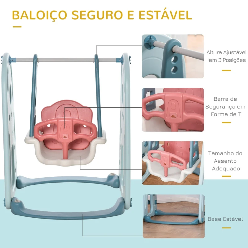 HOMCOM Escorrega Infantil com Baloiço e Cesta de Basquetebol 3 em 1 para Crianças acima de 18 meses com Assento Ajustável Centro de Atividades para Interior e Exterior 145x190x97cm Multicor