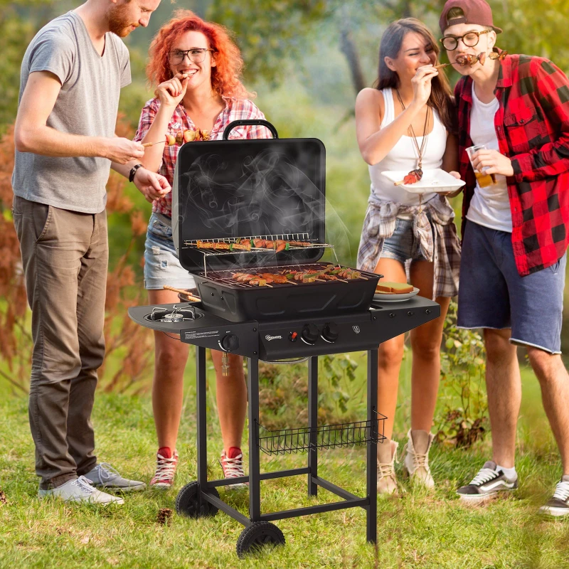 Outsunny Gas BBQ Picnic Camping Grill Churrasco para churrasco Queimador a Gás Exterior com 2 Queimadores Ajustáveis com Mesa Auxiliar e Rodas 5.5KW de Potência