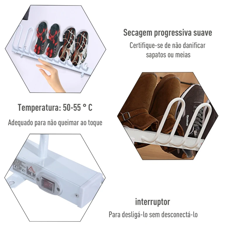 HOMCOM Secador de sapatos elétrico Botas Aquecedor de luvas Rack de secador para 3 pares 86x11x24cm