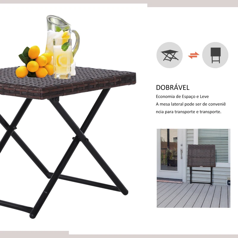 Outsunny Mesa de Jardim em Vime Sintético Mesa Dobrável com Pés Cruzados e Estrutura de Aço para Pátio Varanda 40x40x40 cm Marróm