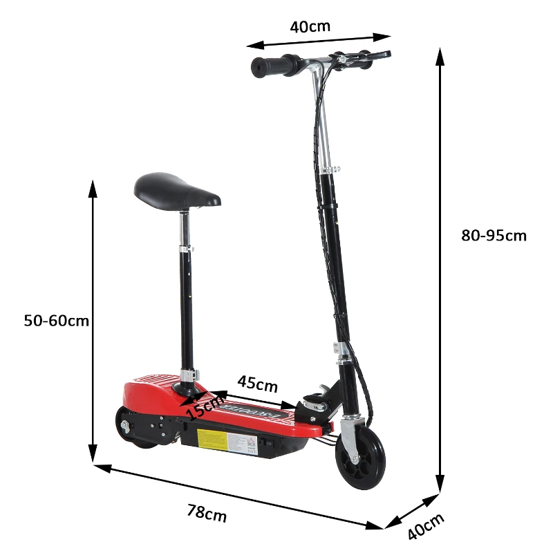 HomCom Trotinete Elétrica Dobrável E-Scooter Bateria 120 W Guiador Assento Ajustável Travão Pé de apoio Vermelho