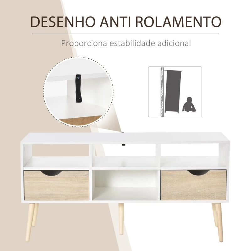 HOMCOM Móvel de TV com 2 Gavetas e 4 Compartimentos Pés de Madeira Dispositivo Anti Rolamento para Sala de Estar 117x39x57cm Branco e Madeira Natural