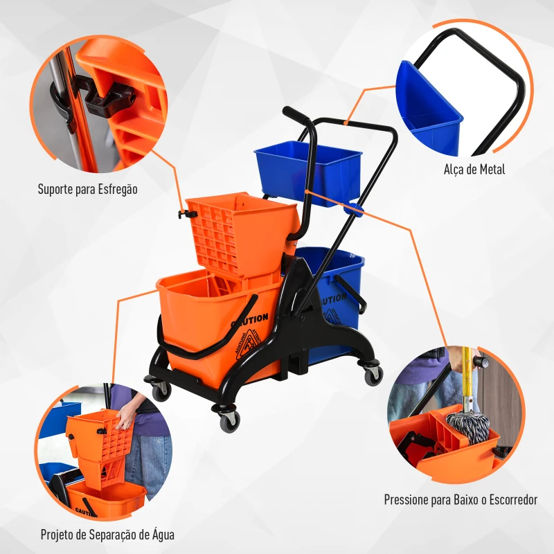 HOMCOM Balde de Esfregona com Capacidade de Balde Dupla Espremedor 26L 78x45x95 cm Laranja e Azul